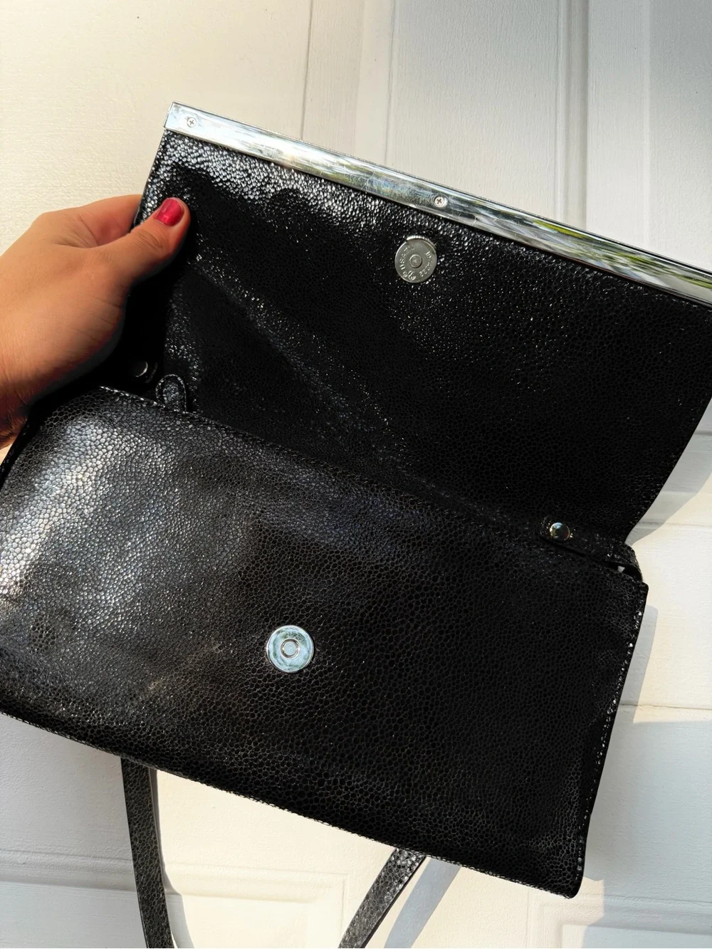 Michael Kors Black Leather Shoulder Bag Silver Metal Logo Bar Trim